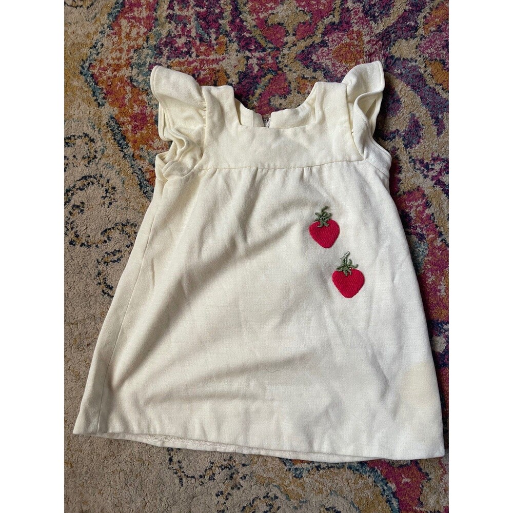 Vintage Cream Linen Toddler Dress with Strawberry Embroidery